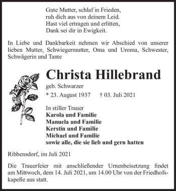 Traueranzeige von Christa Hillebrand (geb. Schwarzer)  von Magdeburger Volksstimme
