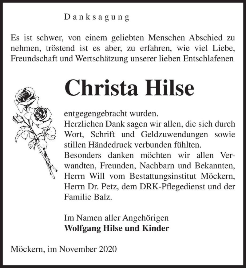  Traueranzeige für Christa Hilse  vom 28.11.2020 aus Magdeburger Volksstimme