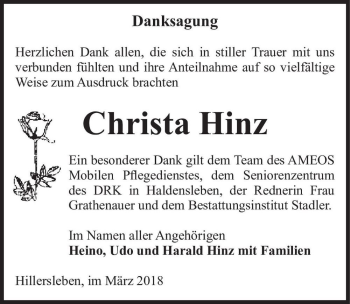 Traueranzeige von Christa Hinz  von Magdeburger Volksstimme