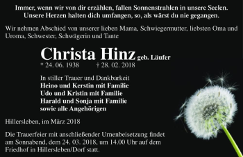 Traueranzeige von Christa Hinz (geb. Läufer)  von Magdeburger Volksstimme