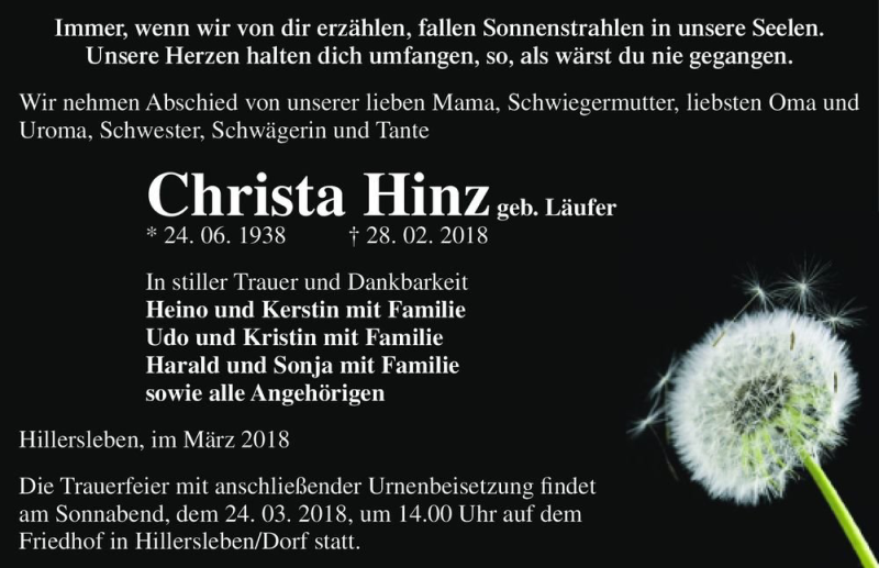  Traueranzeige für Christa Hinz (geb. Läufer)  vom 10.03.2018 aus Magdeburger Volksstimme
