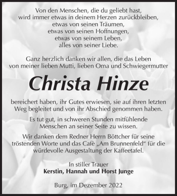 Traueranzeige von Christa Hinze  von Magdeburger Volksstimme