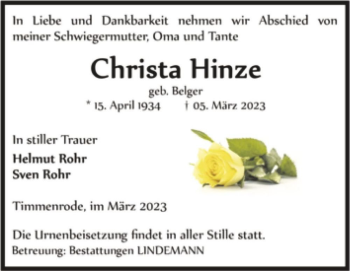 Traueranzeige von Christa Hinze (geb. Belger)  von Magdeburger Volksstimme