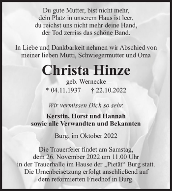 Traueranzeige von Christa Hinze (geb. Wernecke)  von Magdeburger Volksstimme