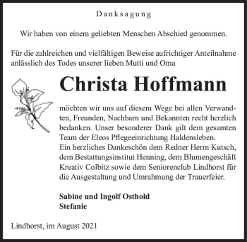 Traueranzeige von Christa Hoffmann  von Magdeburger Volksstimme