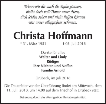 Traueranzeige von Christa Hoffmann  von Magdeburger Volksstimme