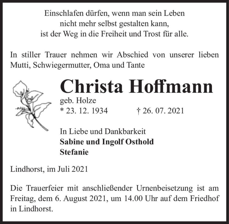  Traueranzeige für Christa Hoffmann (geb. Holze)  vom 31.07.2021 aus Magdeburger Volksstimme