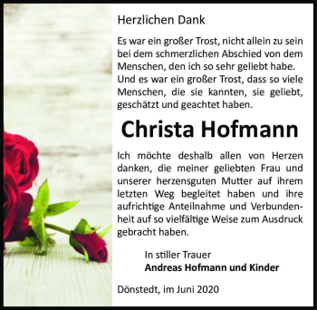 Traueranzeige von Christa Hofmann  von Magdeburger Volksstimme