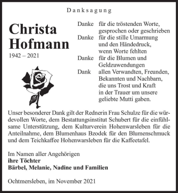 Traueranzeige von Christa Hofmann  von Magdeburger Volksstimme