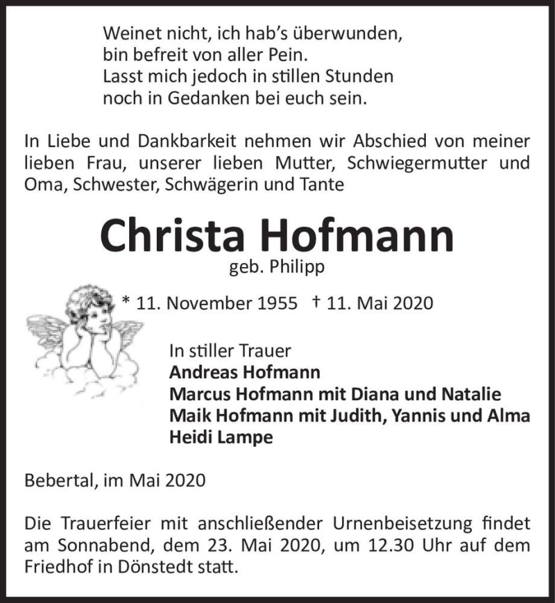  Traueranzeige für Christa Hofmann (geb. Philipp)  vom 13.05.2020 aus Magdeburger Volksstimme
