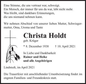 Traueranzeige von Christa Holdt (geb. Krüger)  von Magdeburger Volksstimme