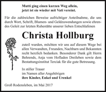 Traueranzeige von Christa Hollburg  von Magdeburger Volksstimme