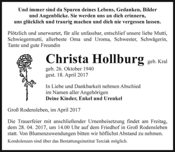 Traueranzeige von Christa Hollburg (geb. Kral)  von Magdeburger Volksstimme