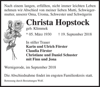 Traueranzeige von Christa Hopstock (geb. Klimmek)  von Magdeburger Volksstimme