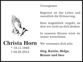 Traueranzeige von Christa Horn  von Magdeburger Volksstimme