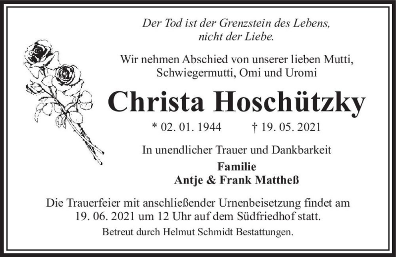  Traueranzeige für Christa Hoschützky  vom 05.06.2021 aus Magdeburger Volksstimme