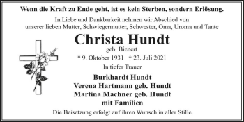 Traueranzeige von Christa Hundt (geb. Bienert)  von Magdeburger Volksstimme