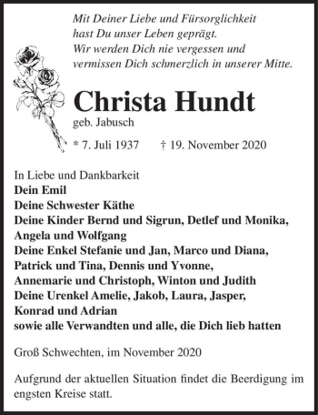 Traueranzeige von Christa Hundt (geb. Jabusch)  von Magdeburger Volksstimme