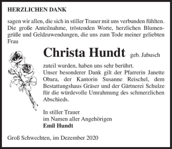 Traueranzeige von Christa Hundt (geb. Jabusch)  von Magdeburger Volksstimme
