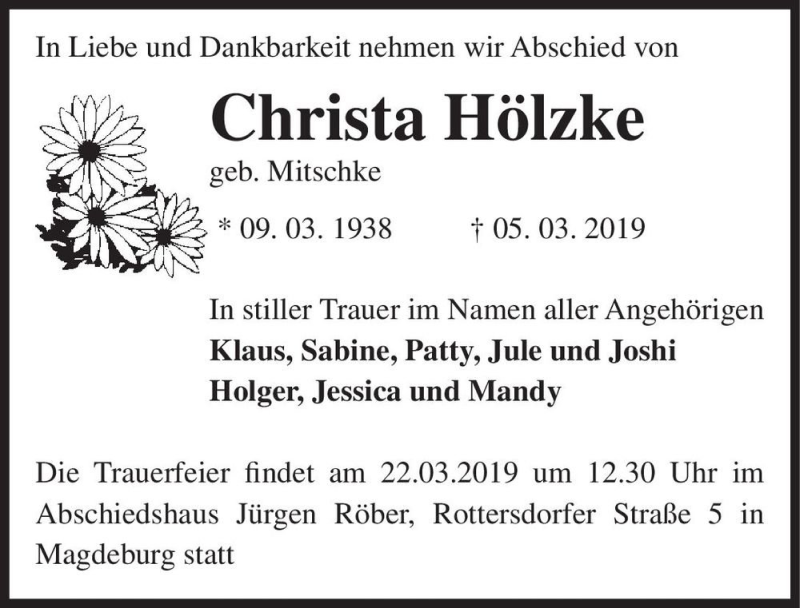  Traueranzeige für Christa Hölzke (geb. Mitschke)  vom 16.03.2019 aus Magdeburger Volksstimme