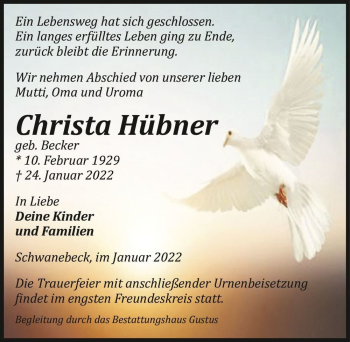 Traueranzeige von Christa Hübner (geb. Becker)  von Magdeburger Volksstimme
