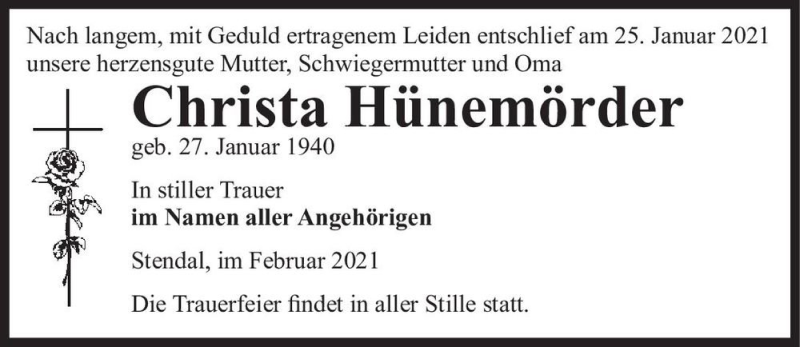  Traueranzeige für Christa Hünemörder  vom 05.02.2021 aus Magdeburger Volksstimme