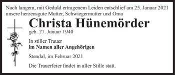Traueranzeige von Christa Hünemörder  von Magdeburger Volksstimme