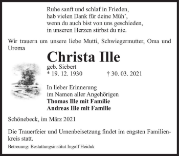 Traueranzeige von Christa Ille (geb. Siebert)  von Magdeburger Volksstimme
