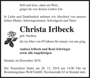 Traueranzeige von Christa Irlbeck (geb. Vaethen)  von Magdeburger Volksstimme