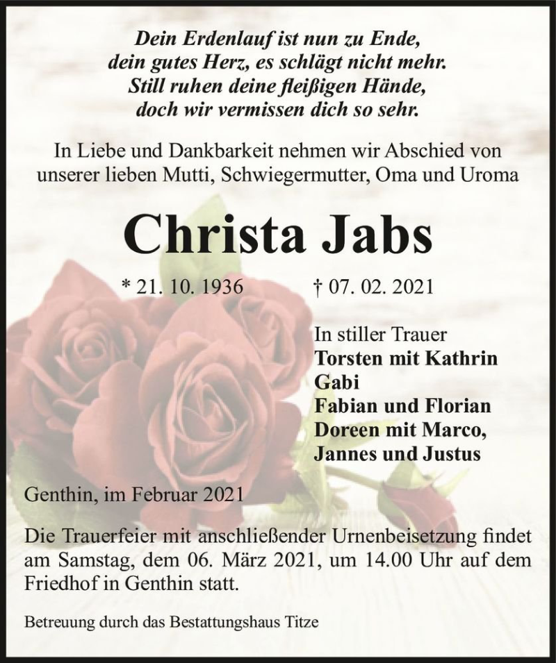 Traueranzeige für Christa Jabs  vom 27.02.2021 aus Magdeburger Volksstimme