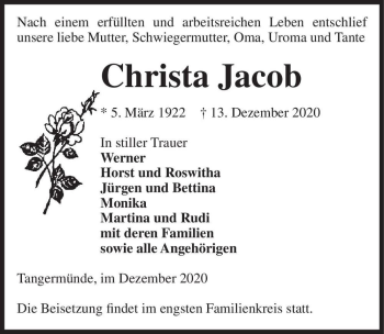 Traueranzeige von Christa Jacob  von Magdeburger Volksstimme