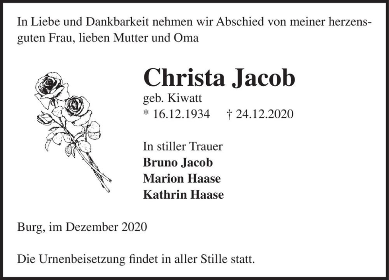  Traueranzeige für Christa Jacob (geb. Kiwatt)  vom 02.01.2021 aus Magdeburger Volksstimme