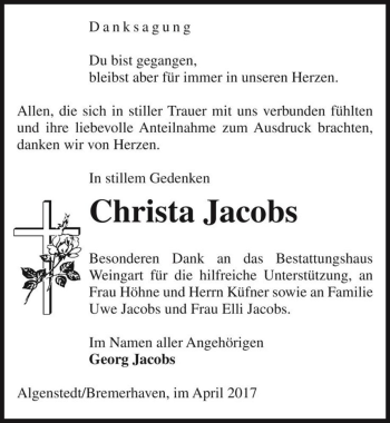Traueranzeige von Christa Jacobs  von Magdeburger Volksstimme