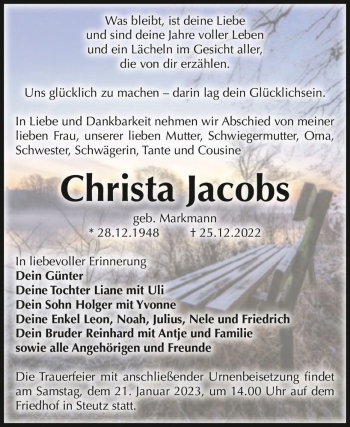 Traueranzeige von Christa Jacobs (geb. Markmann)  von Magdeburger Volksstimme