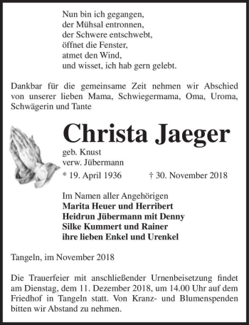 Traueranzeige von Christa Jaeger (geb. Knust, verw. Jübermann)  von Magdeburger Volksstimme