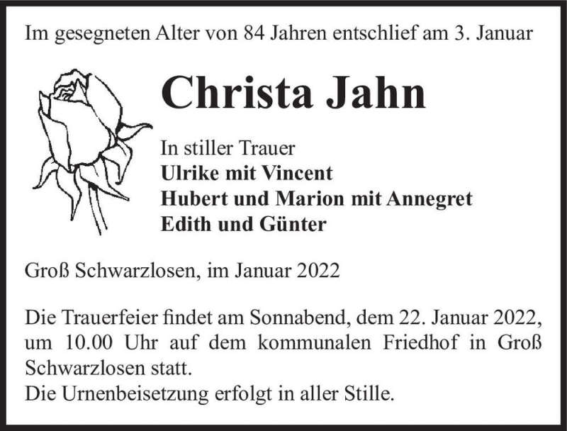  Traueranzeige für Christa Jahn  vom 08.01.2022 aus Magdeburger Volksstimme