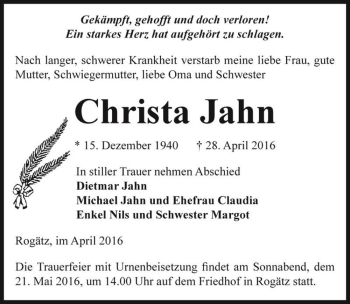 Traueranzeige von Christa Jahn  von Magdeburger Volksstimme