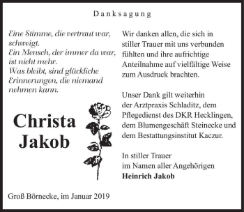 Traueranzeige von Christa Jakob  von Magdeburger Volksstimme