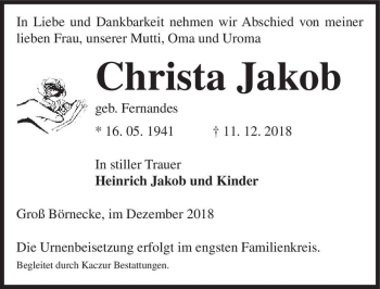 Traueranzeige von Christa Jakob (geb. Fernandes)  von Magdeburger Volksstimme