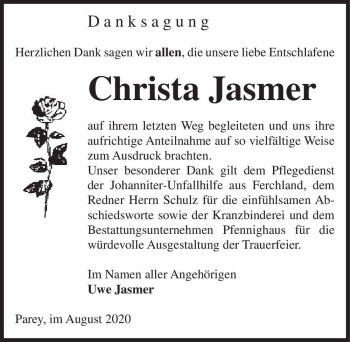 Traueranzeige von Christa Jasmer  von Magdeburger Volksstimme