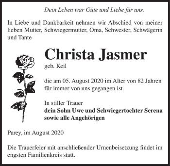 Traueranzeige von Christa Jasmer (geb. Keil)  von Magdeburger Volksstimme