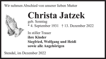 Traueranzeige von Christa Jatzek (geb. Sonntag)  von Magdeburger Volksstimme