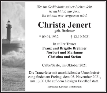Traueranzeige von Christa Jenert (geb. Brehmer)  von Magdeburger Volksstimme