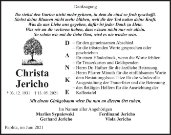 Traueranzeige von Christa Jericho  von Magdeburger Volksstimme