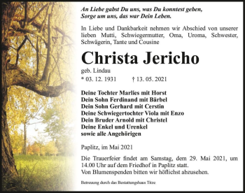 Traueranzeige von Christa Jericho (geb. Lindau)  von Magdeburger Volksstimme