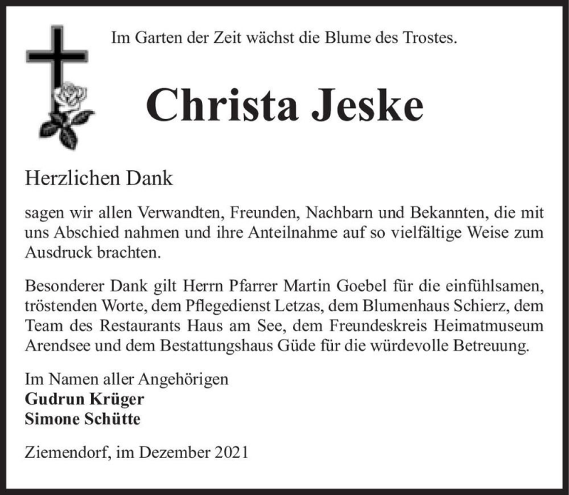  Traueranzeige für Christa Jeske  vom 03.12.2021 aus Magdeburger Volksstimme