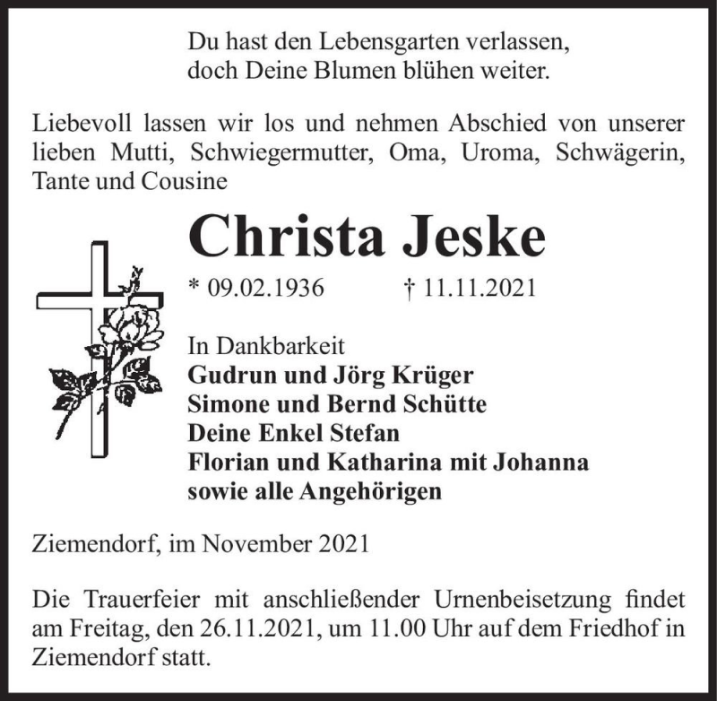  Traueranzeige für Christa Jeske  vom 19.11.2021 aus Magdeburger Volksstimme