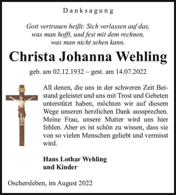 Traueranzeige von Christa Johanna Wehling  von Magdeburger Volksstimme