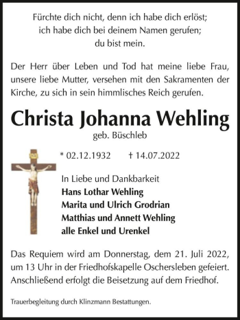 Traueranzeige von Christa Johanna Wehling (geb. Büschleb)  von Magdeburger Volksstimme