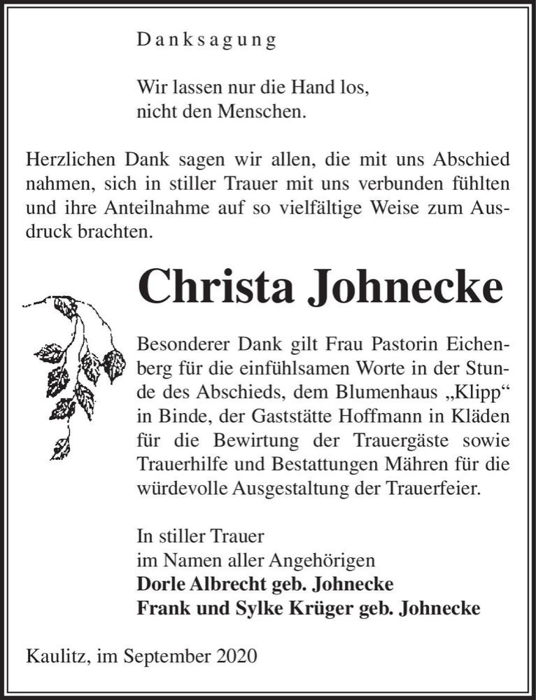  Traueranzeige für Christa Johnecke  vom 22.09.2020 aus Magdeburger Volksstimme